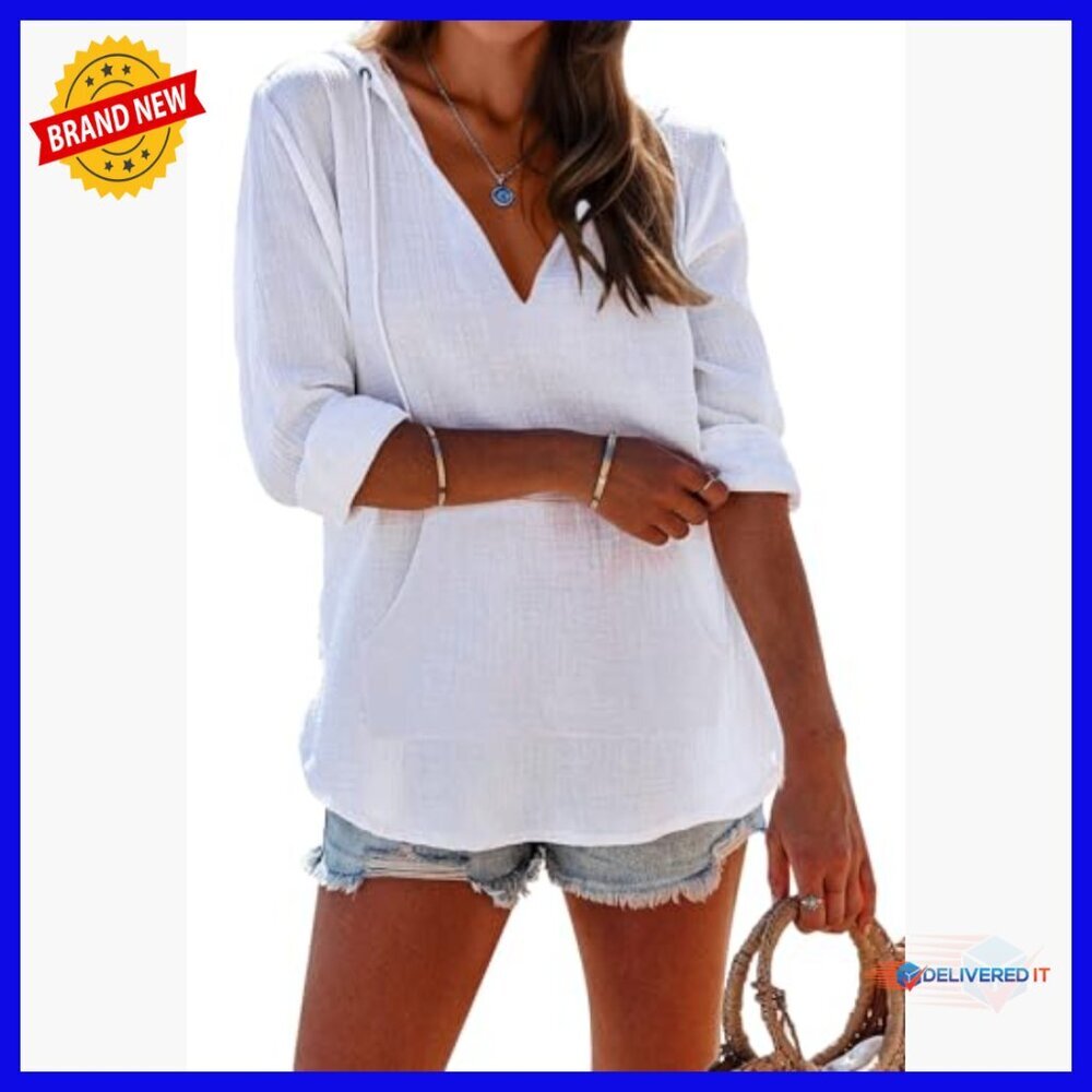 Long Sleeve V-Neck Hooded Cover Up with Pocket, Cotton Beach Top - Picture 2 of 7